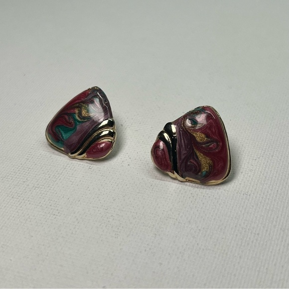 Vintage Gold Tone and Purple/Green Enamel Stud Earrings - Picture 1 of 9